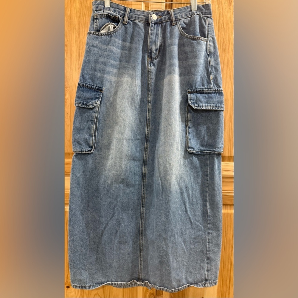 Forever 21 Y2K Classic Blue Denim Capsule Wardrobe Maxi Cargo Back Slit Skirt - Picture 2 of 12